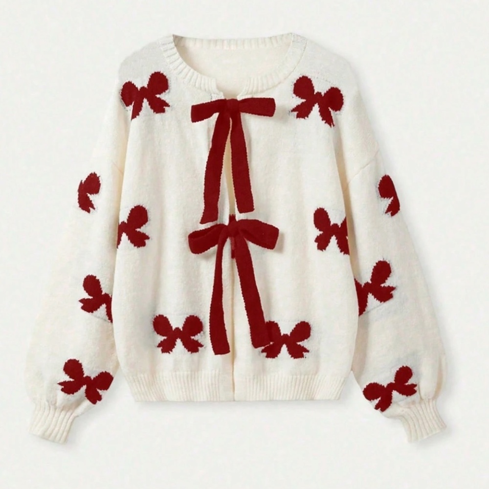 Off White Cardigan With Burgundy Front Ties and Bow Print Pattern Oversized - Picture 5 of 11